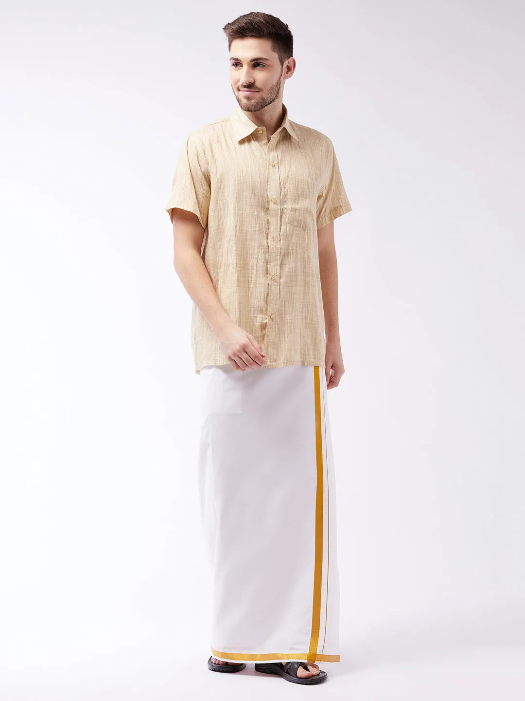 Men's Beige And White Cotton Blend Shirt And Mundu - Vastramay