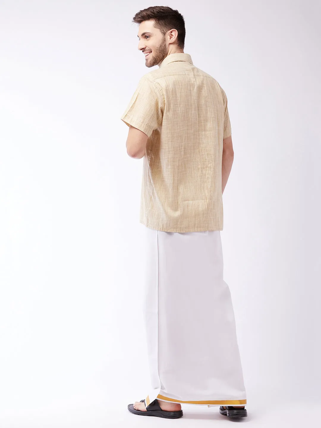 Men's Beige And White Cotton Blend Shirt And Mundu - Vastramay