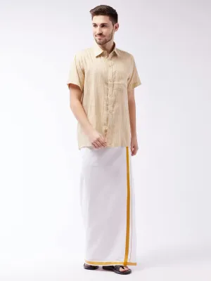 Men's Beige And White Cotton Blend Shirt And Mundu - Vastramay