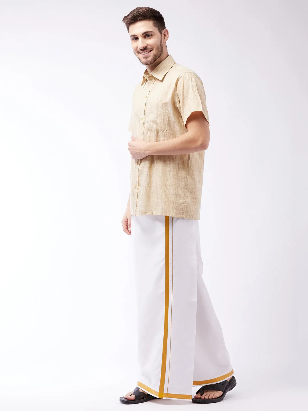 Men's Beige And White Cotton Blend Shirt And Mundu - Vastramay