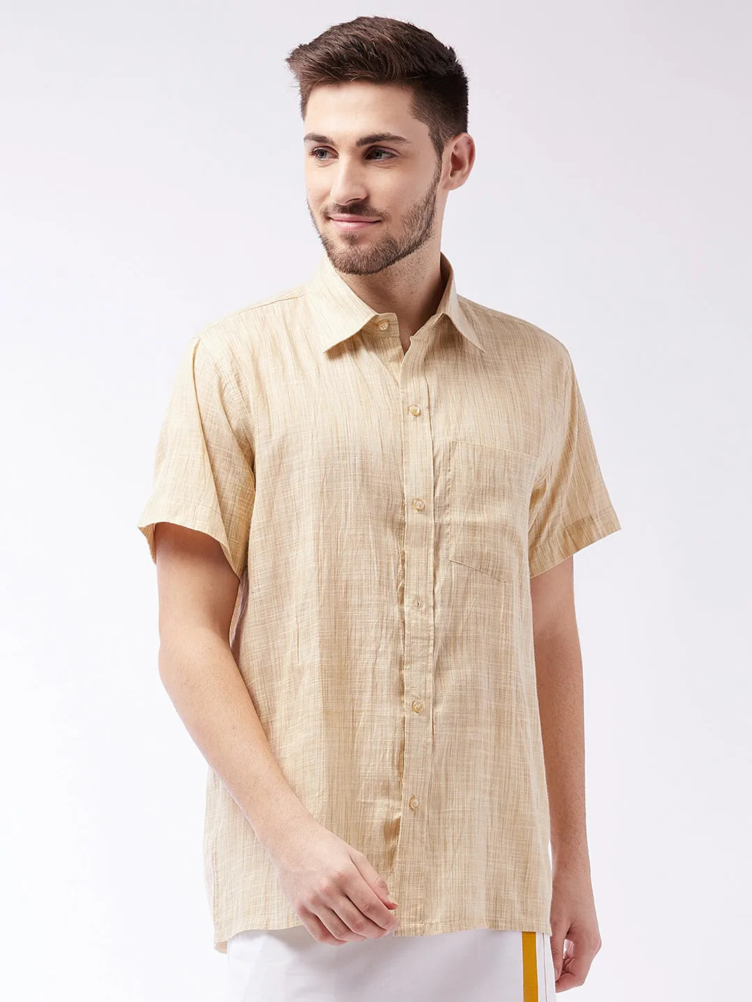 Men's Beige Cotton Blend Ethnic Shirt - Vastramay