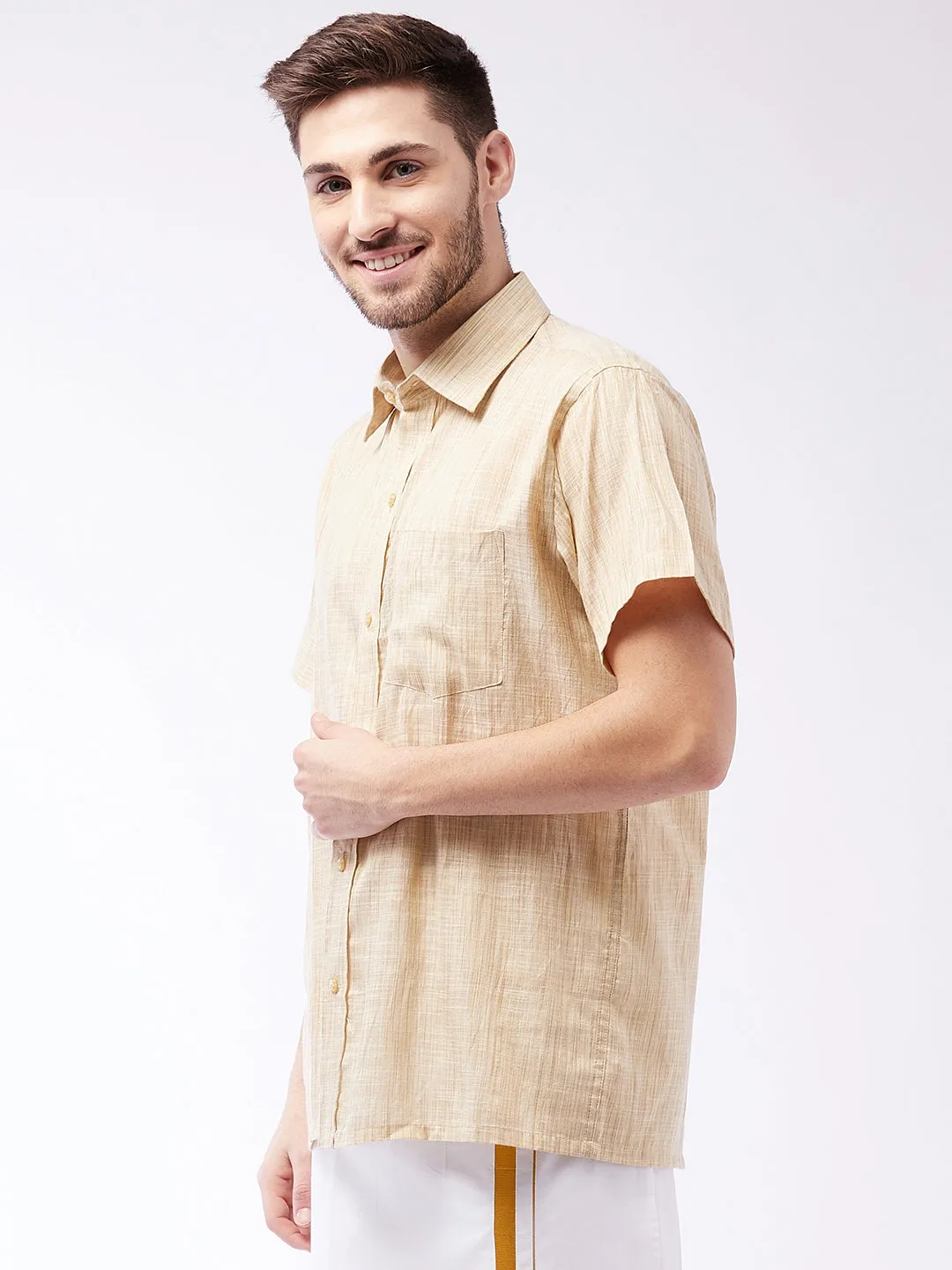 Men's Beige Cotton Blend Ethnic Shirt - Vastramay