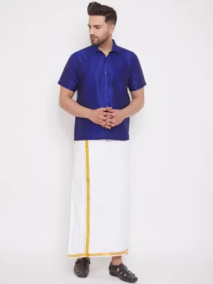 Men's Blue And White Silk Blend Shirt And Mundu - Vastramay