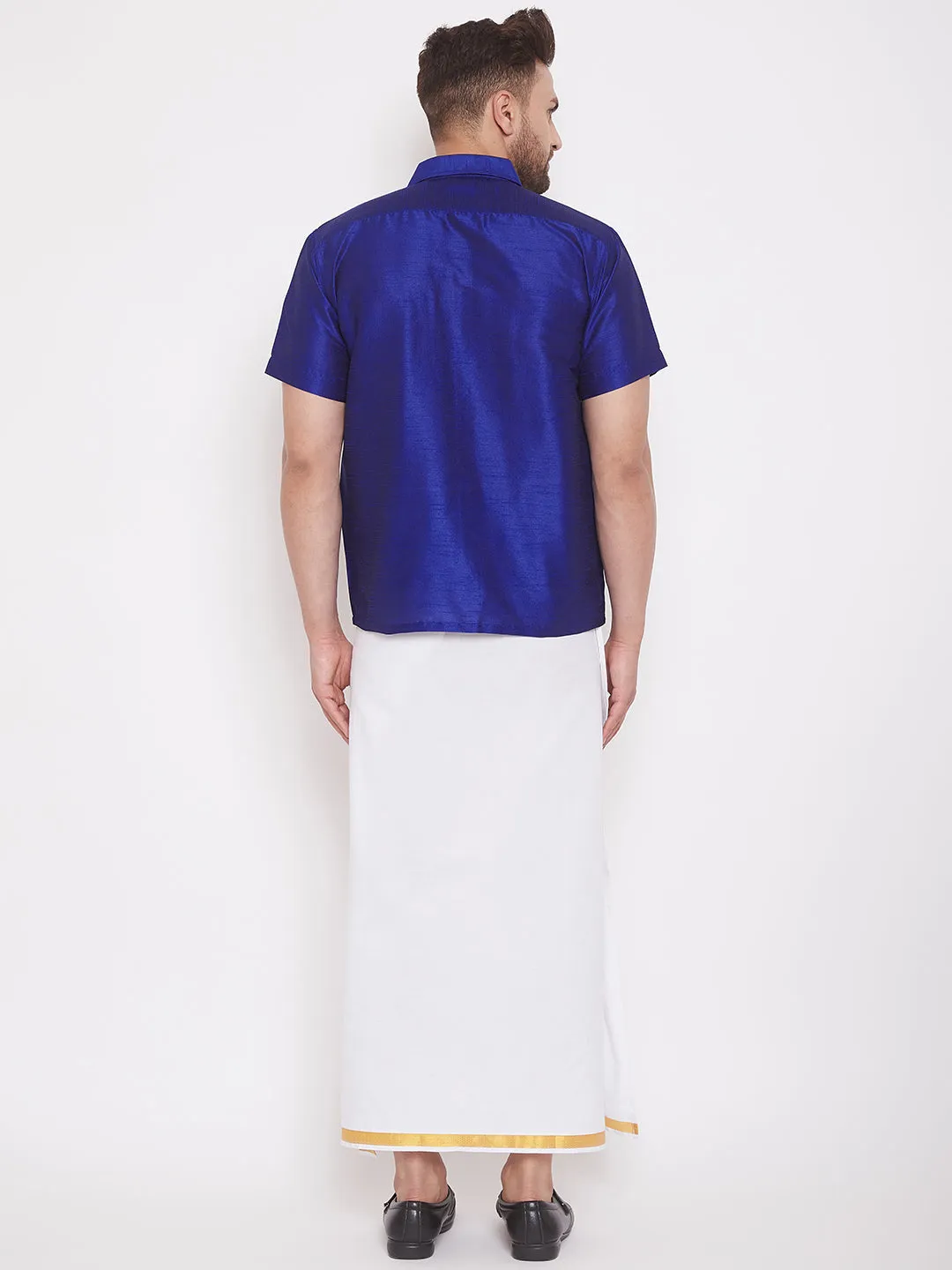 Men's Blue And White Silk Blend Shirt And Mundu - Vastramay