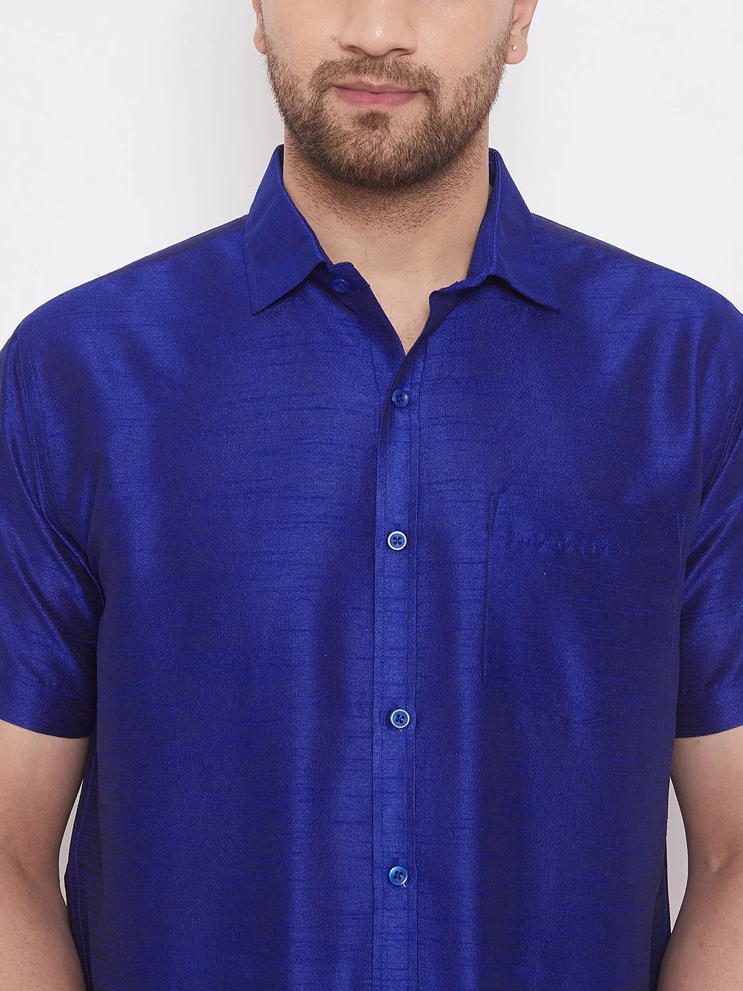 Men's Blue And White Silk Blend Shirt And Mundu - Vastramay