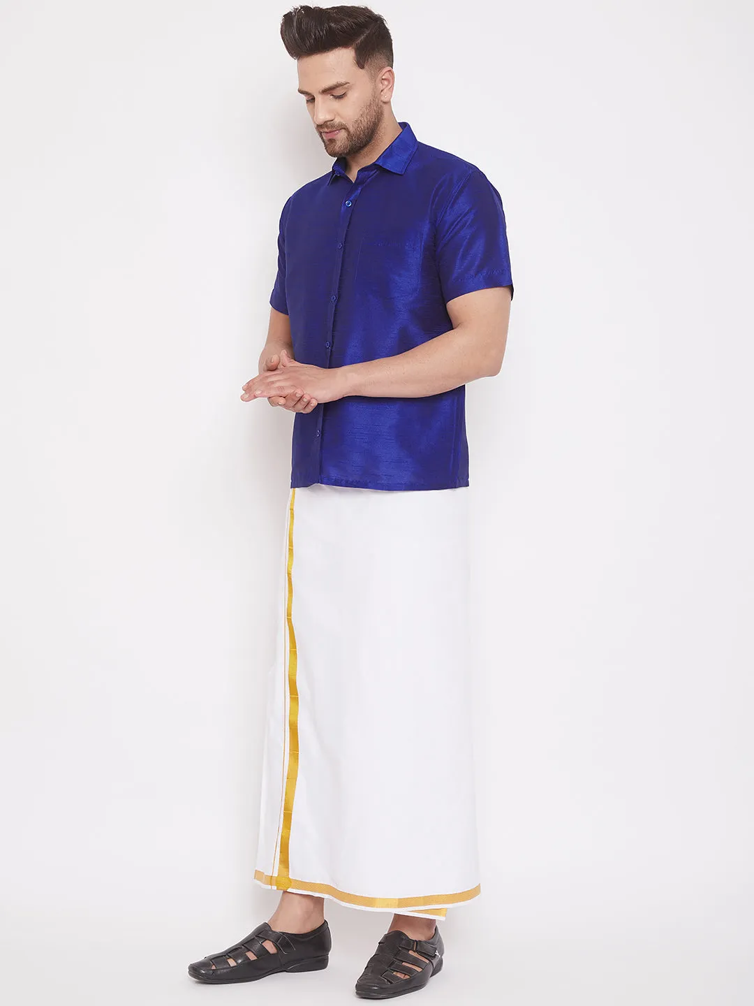 Men's Blue And White Silk Blend Shirt And Mundu - Vastramay