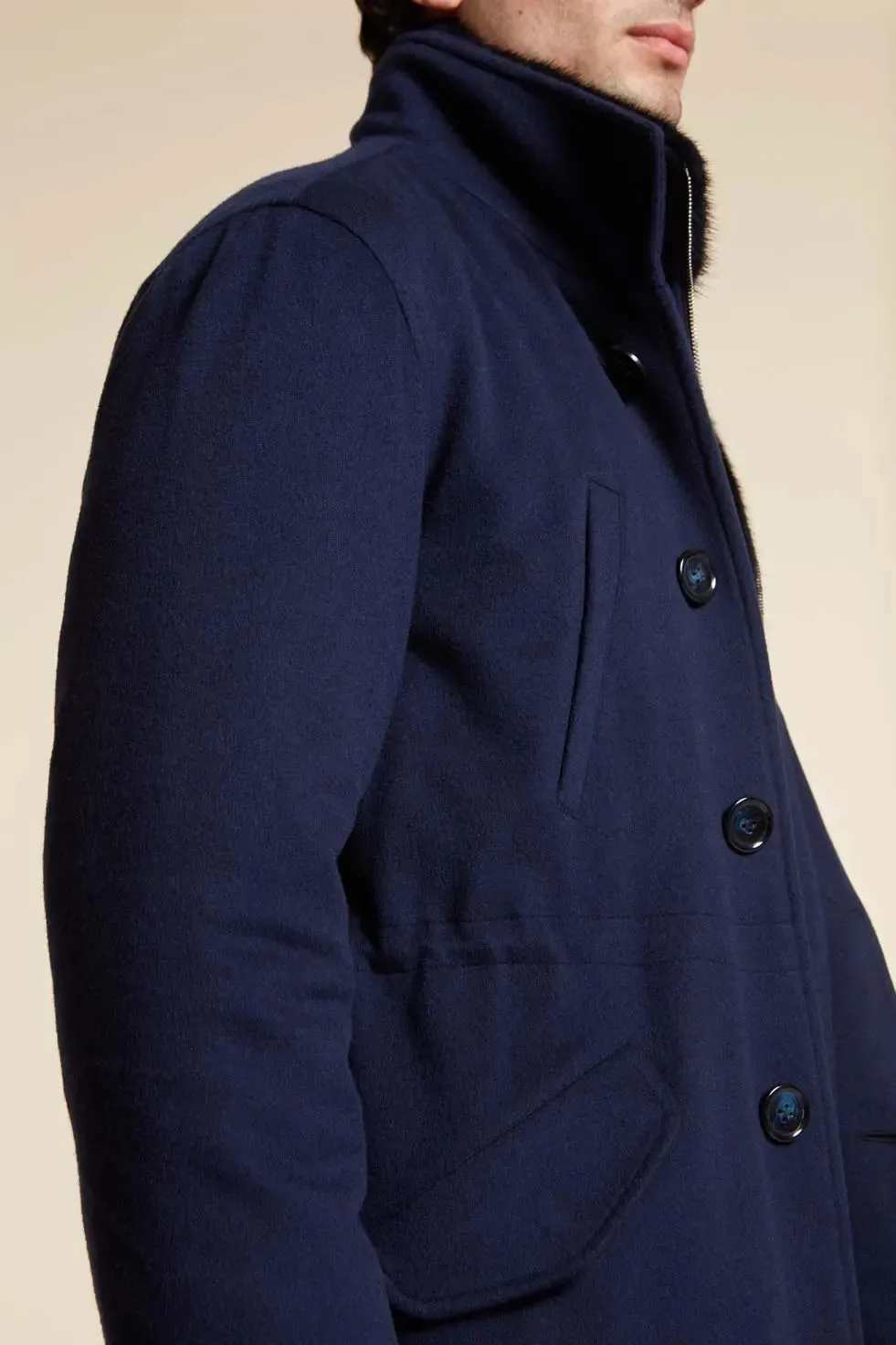 Mens blue jacket with fur collar