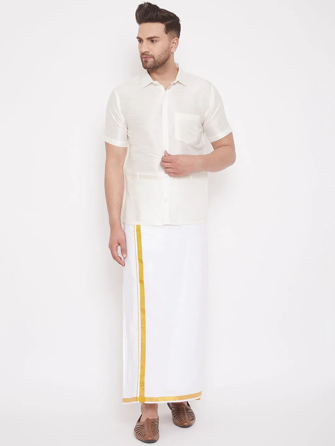 Men's Cream Silk Blend Ethnic Shirt - Vastramay