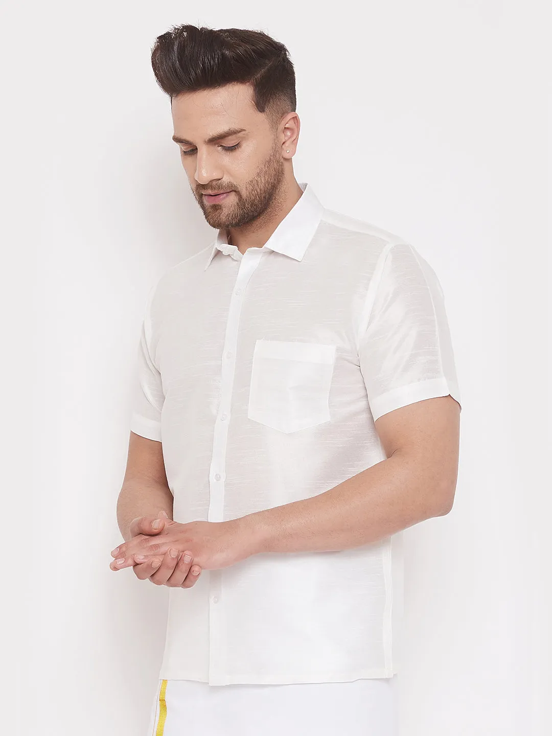 Men's Cream Silk Blend Ethnic Shirt - Vastramay