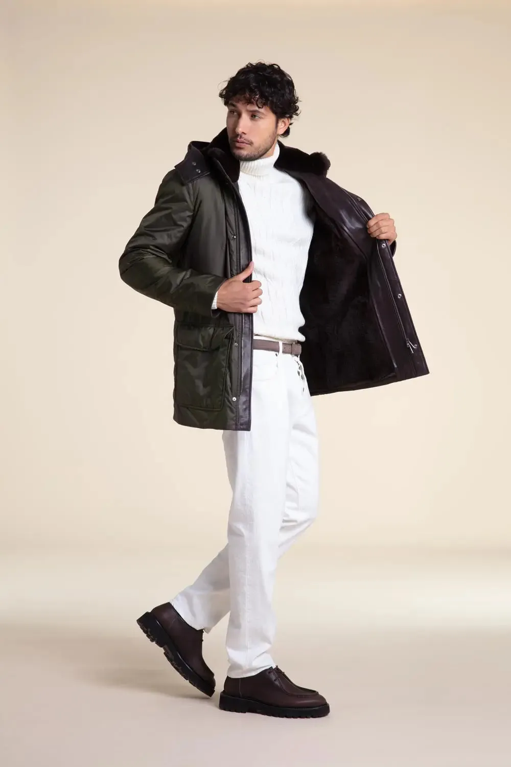 Mens green parka coats with fur hood