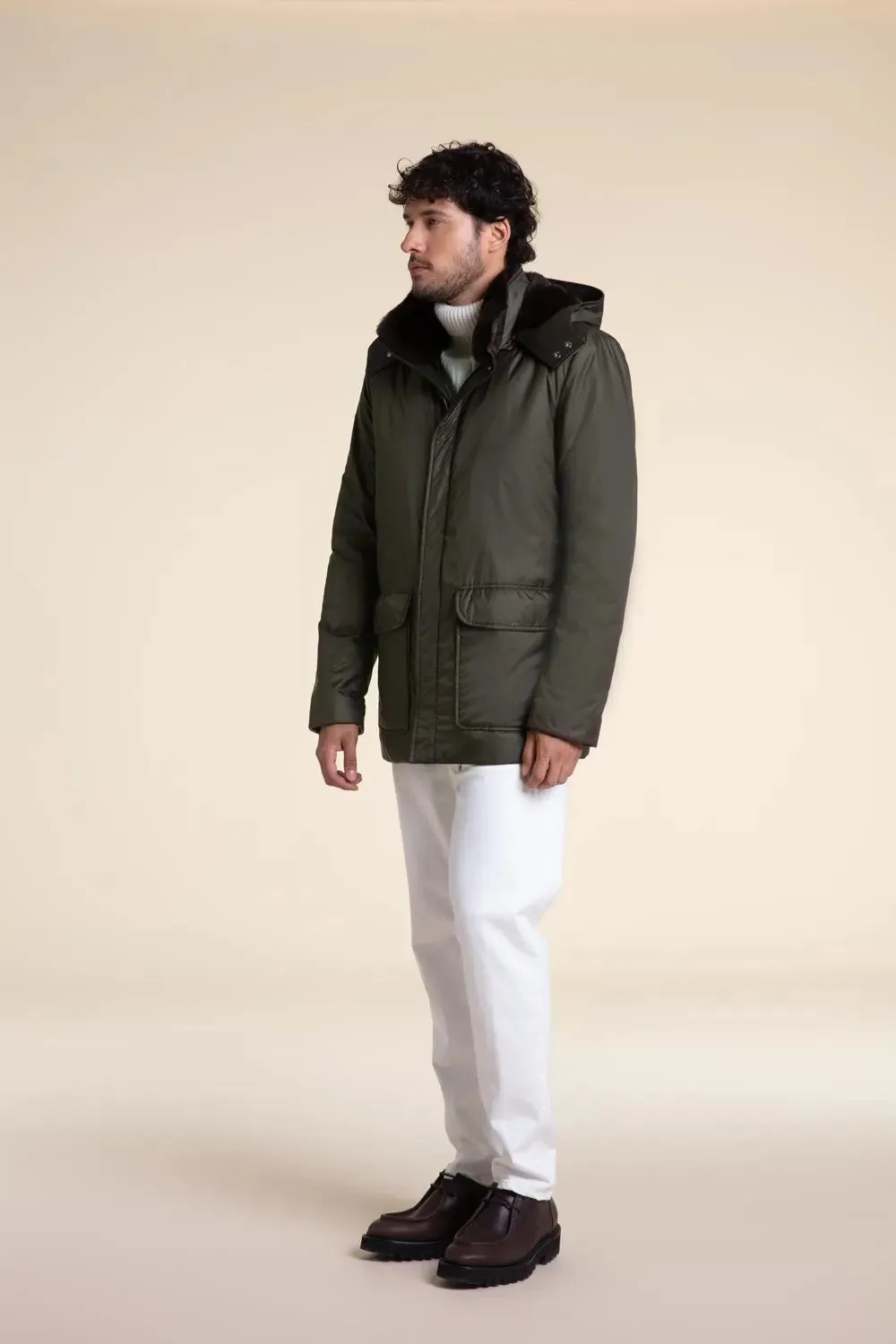 Mens green parka coats with fur hood