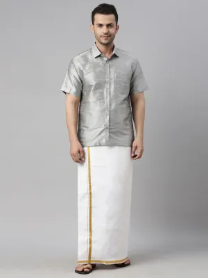 Men's Grey And White Silk Blend Shirt And Mundu - Vastramay