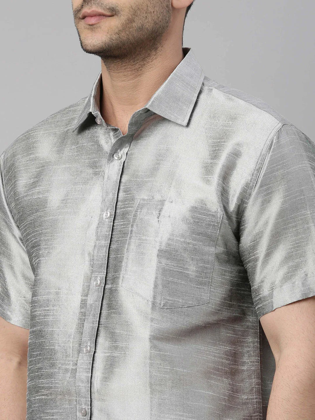 Men's Grey And White Silk Blend Shirt And Mundu - Vastramay