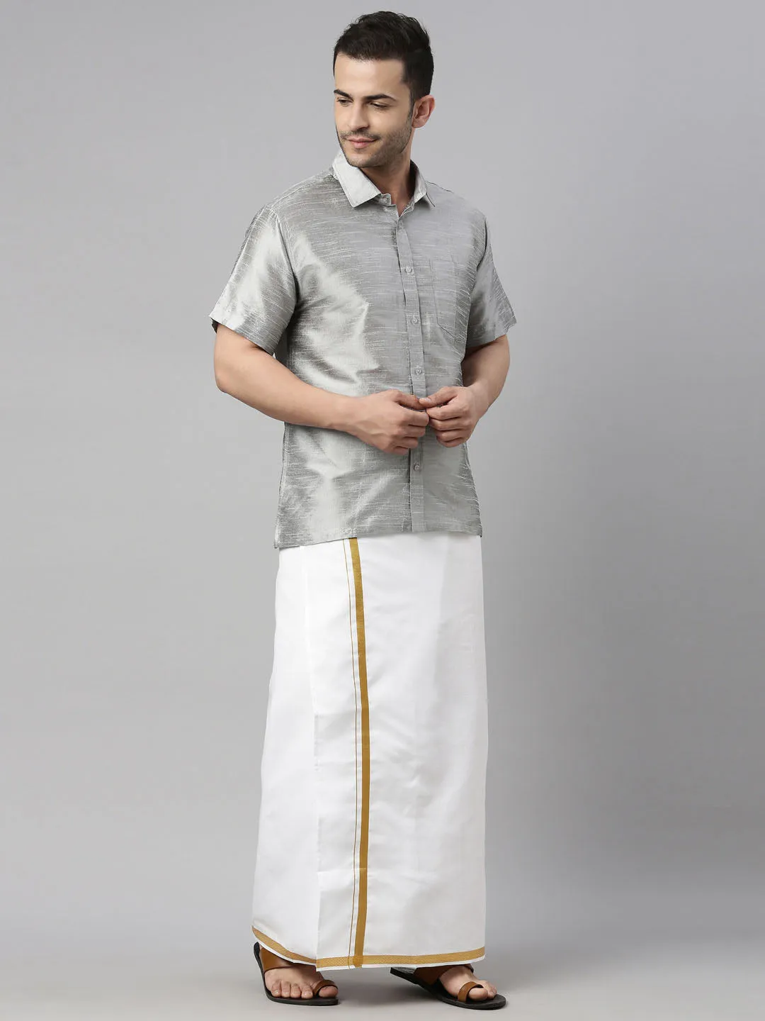 Men's Grey And White Silk Blend Shirt And Mundu - Vastramay