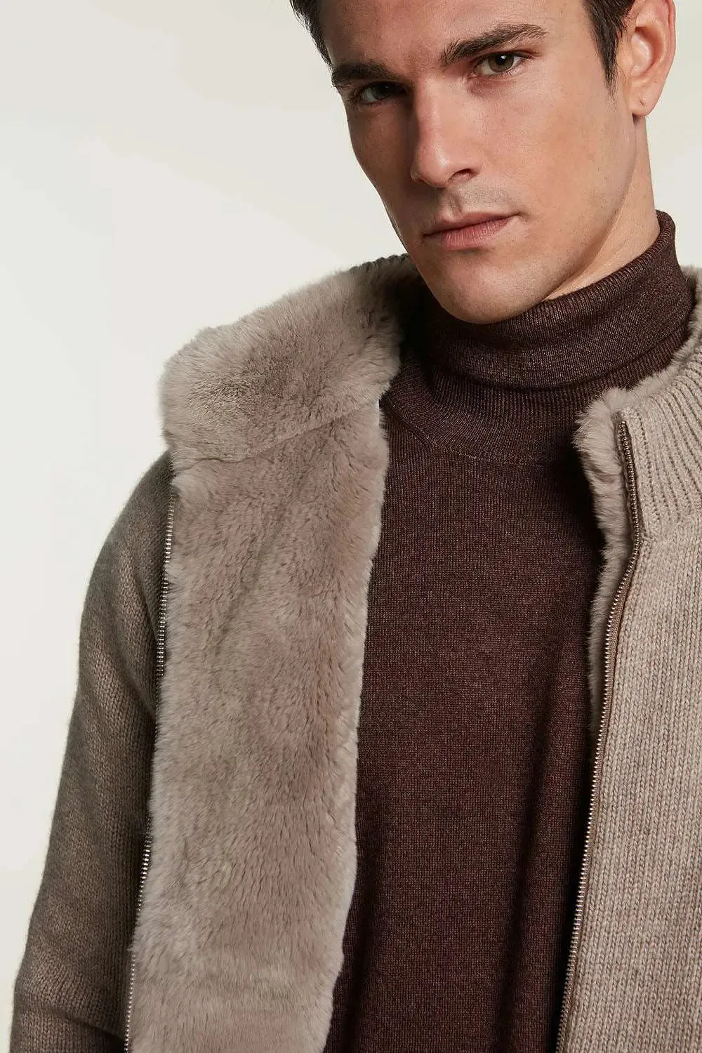 Mens knitted bomber with fur