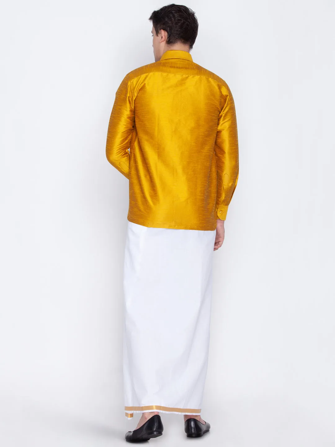 Men's Mustard And White Silk Blend Shirt And Mundu - Vastramay