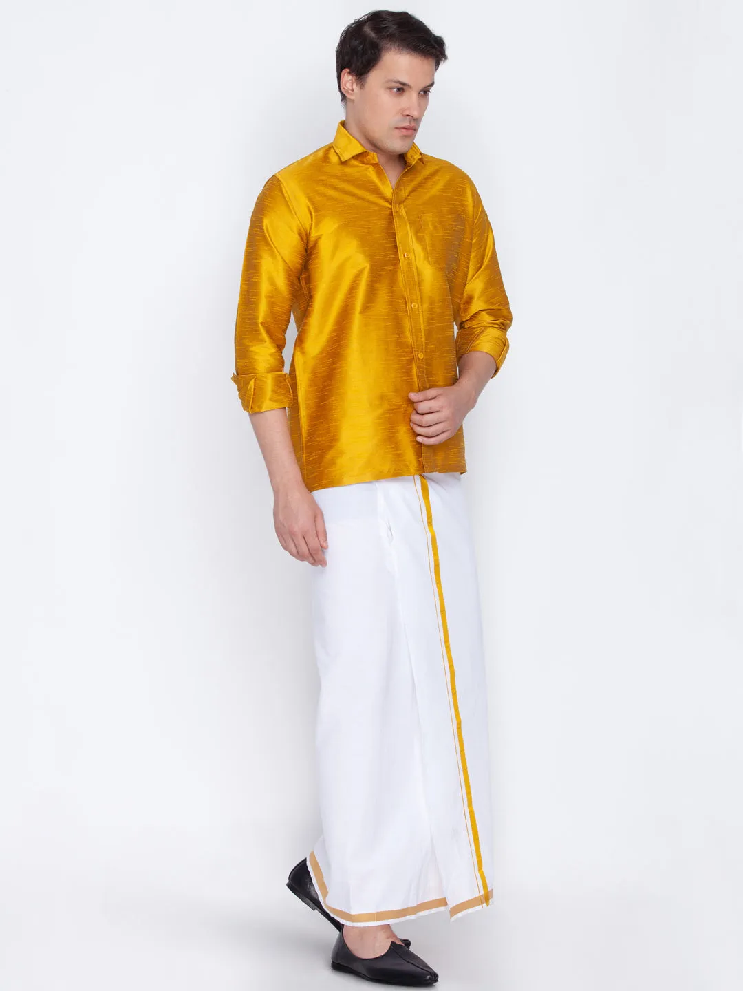 Men's Mustard And White Silk Blend Shirt And Mundu - Vastramay