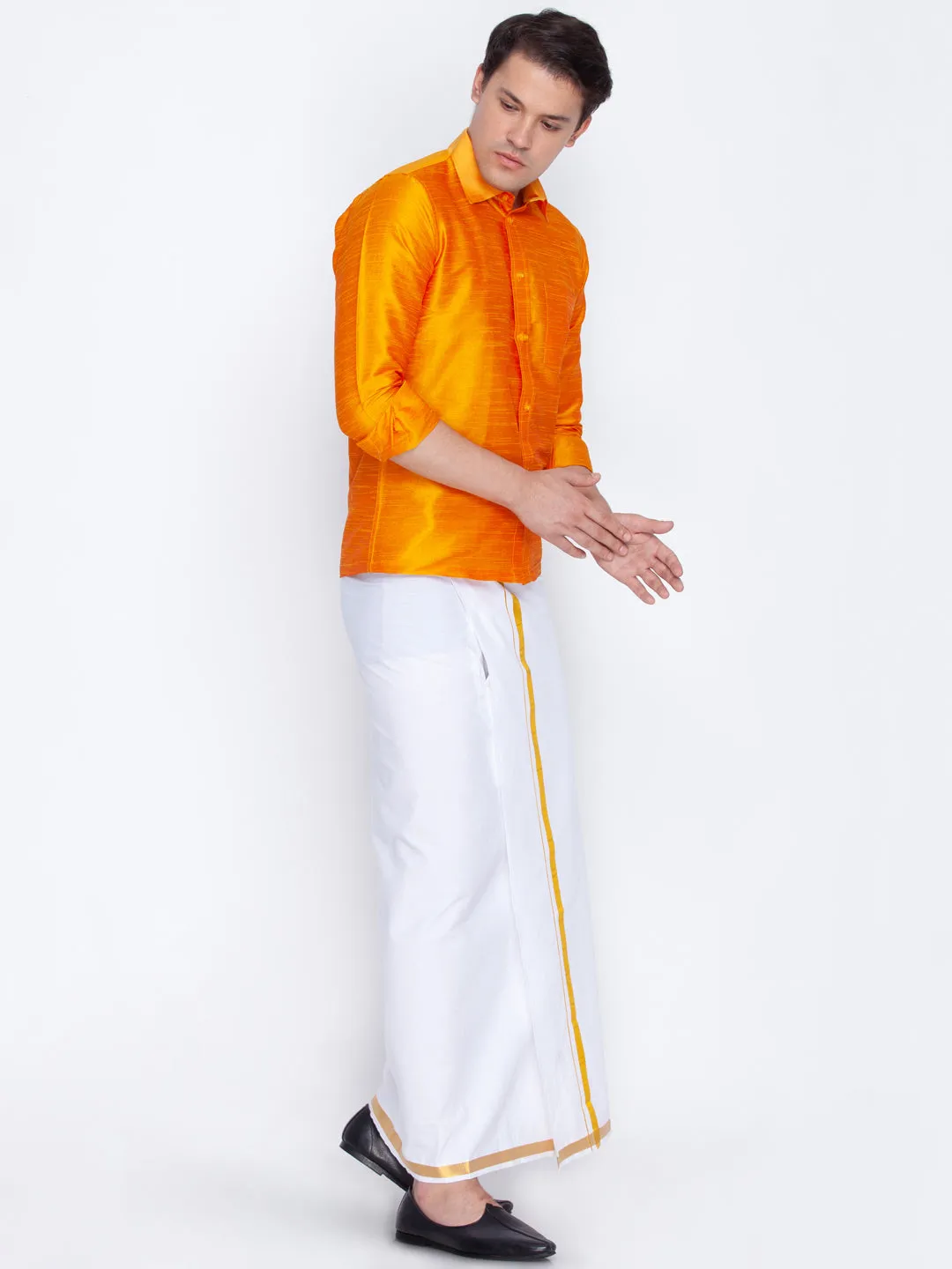 Men's Orange And White Silk Blend Shirt And Mundu - Vastramay