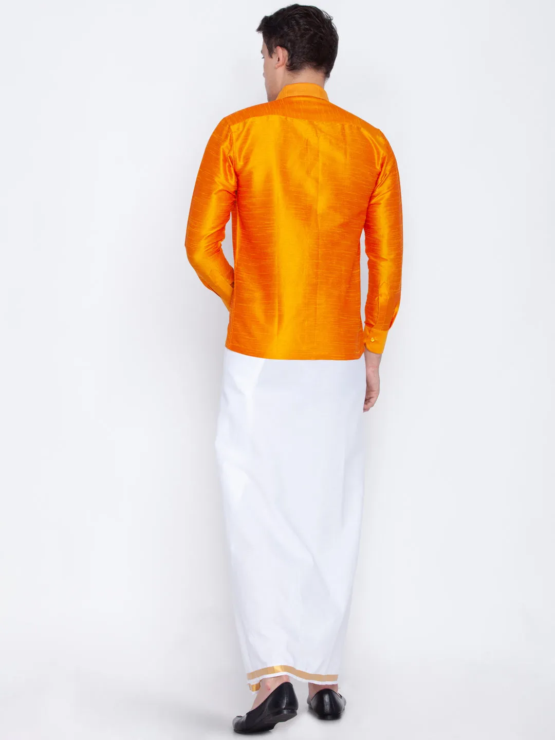 Men's Orange And White Silk Blend Shirt And Mundu - Vastramay