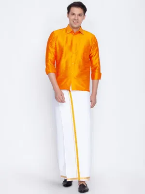 Men's Orange And White Silk Blend Shirt And Mundu - Vastramay