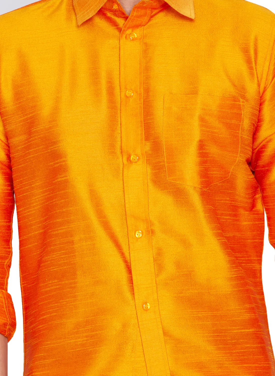 Men's Orange And White Silk Blend Shirt And Mundu - Vastramay