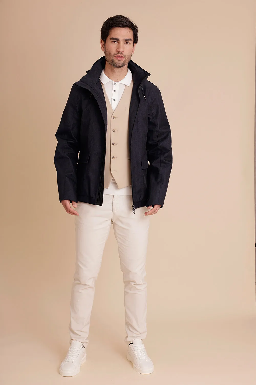 Mens Short Waterproof Trench - Navy Herringbone