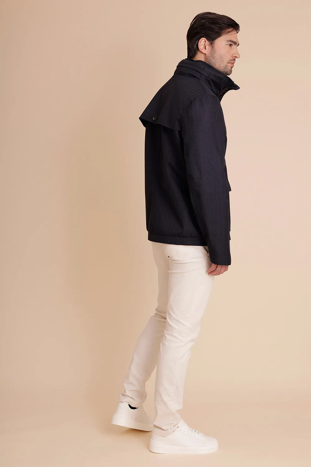 Mens Short Waterproof Trench - Navy Herringbone