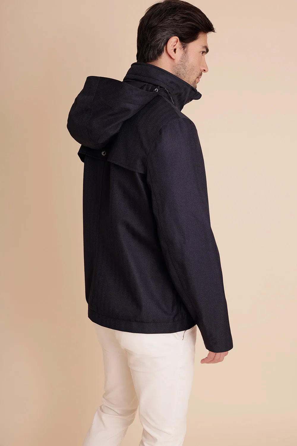 Mens Short Waterproof Trench - Navy Herringbone