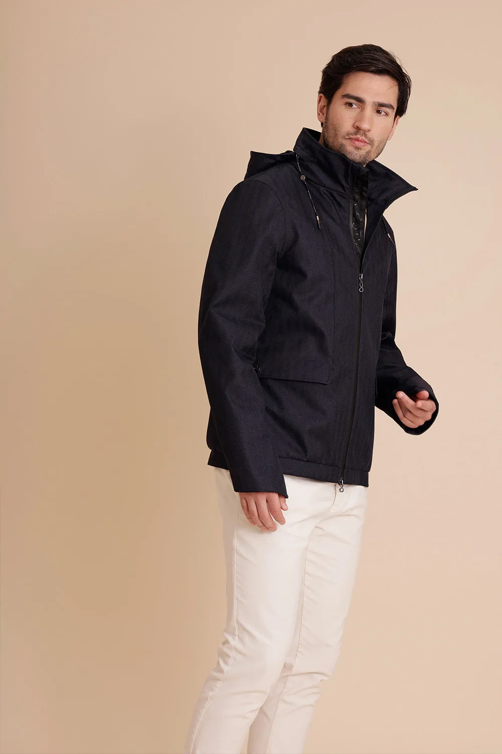 Mens Short Waterproof Trench - Navy Herringbone