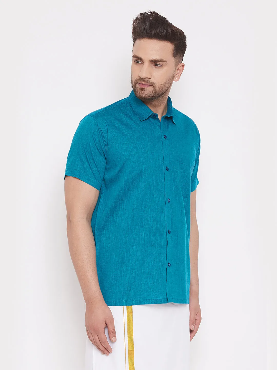 Men's Turquoise Cotton Blend Ethnic Shirt - Vastramay