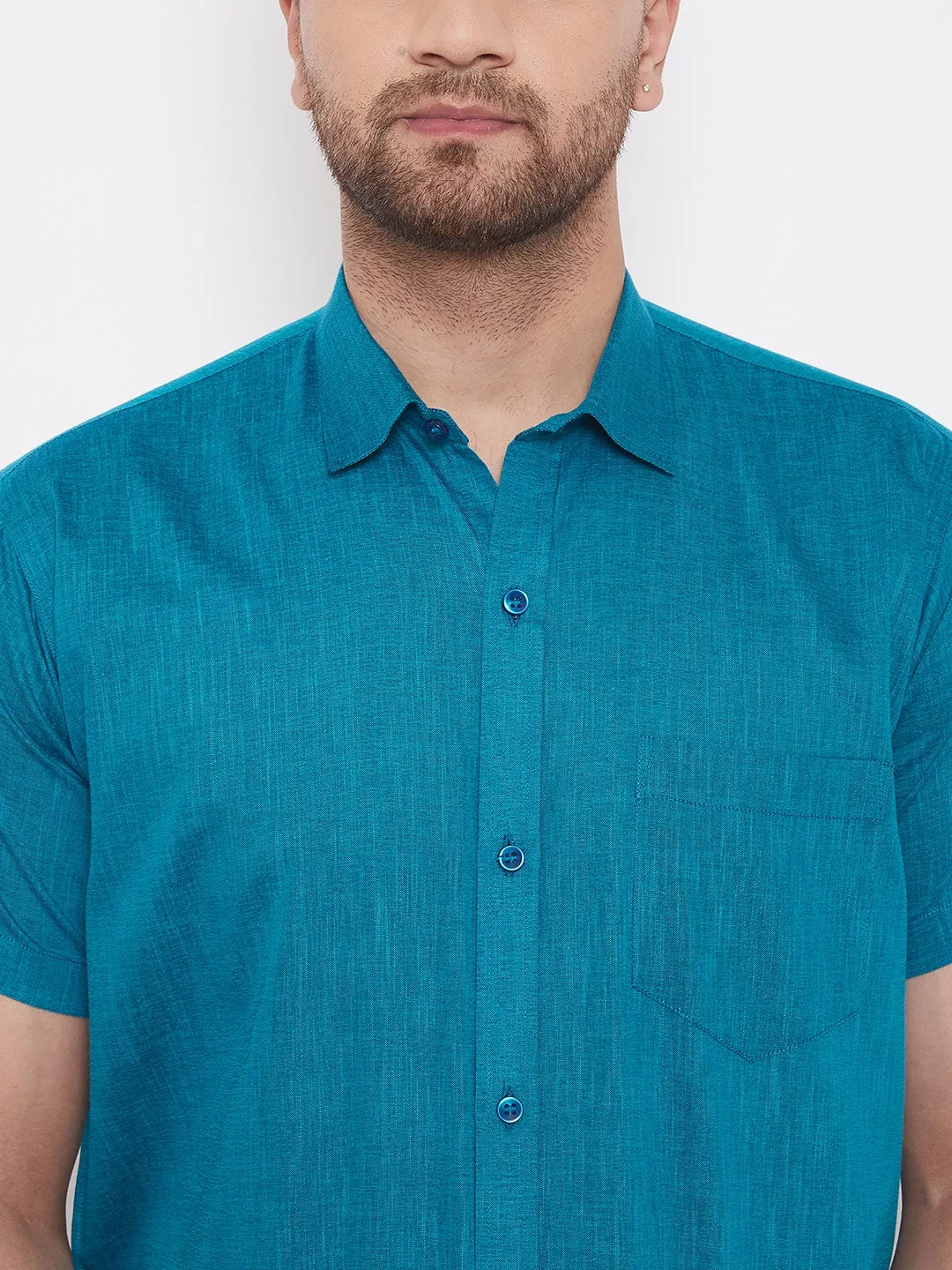 Men's Turquoise Cotton Blend Ethnic Shirt - Vastramay