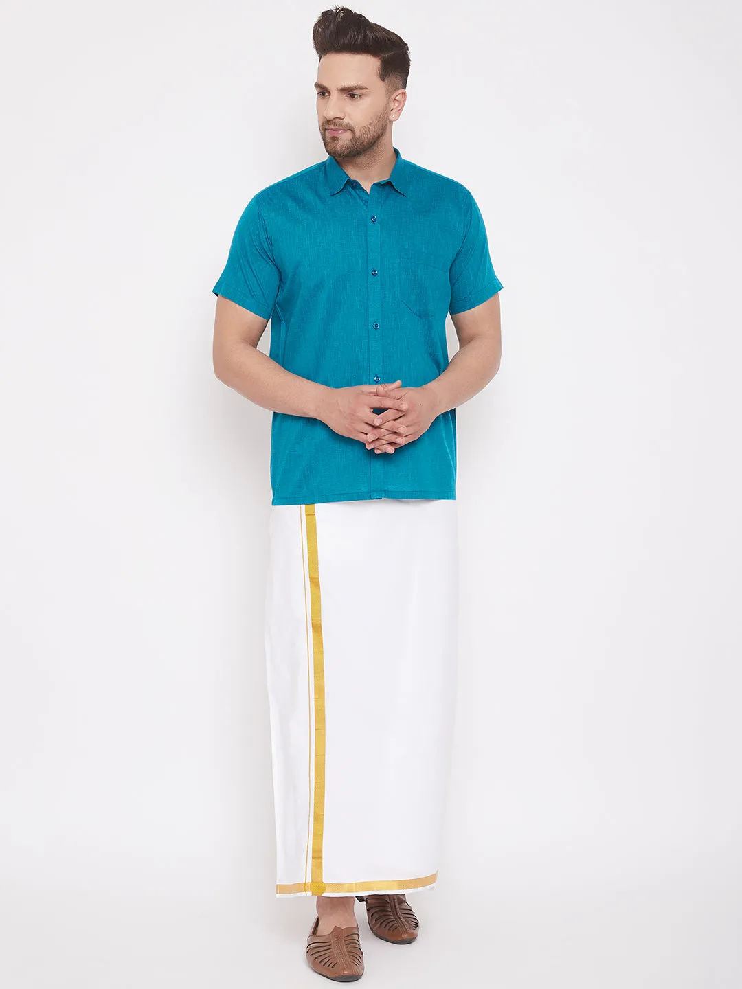 Men's Turquoise Cotton Blend Ethnic Shirt - Vastramay