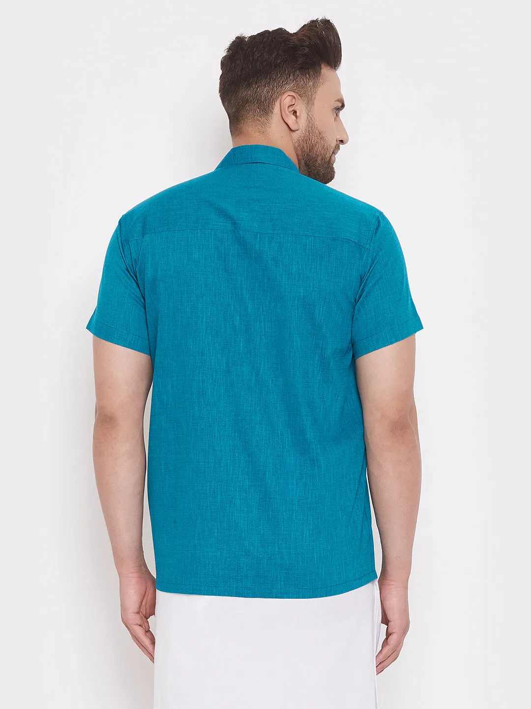 Men's Turquoise Cotton Blend Ethnic Shirt - Vastramay