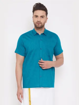 Men's Turquoise Cotton Blend Ethnic Shirt - Vastramay