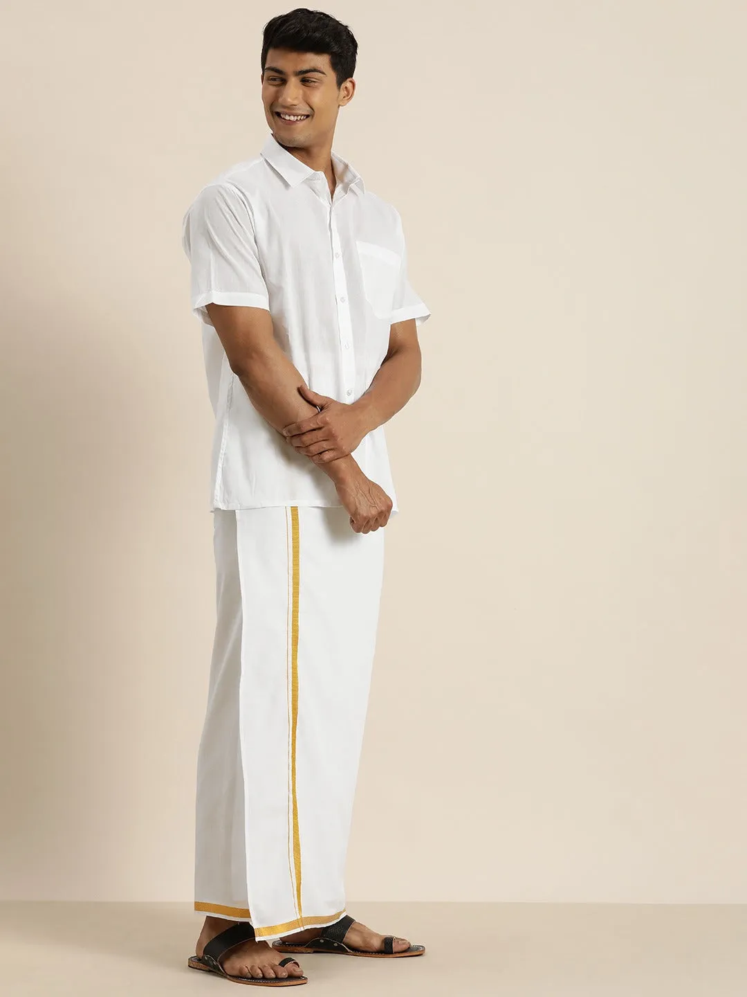 Men's White And White Pure Cotton Shirt And Mundu - Vastramay