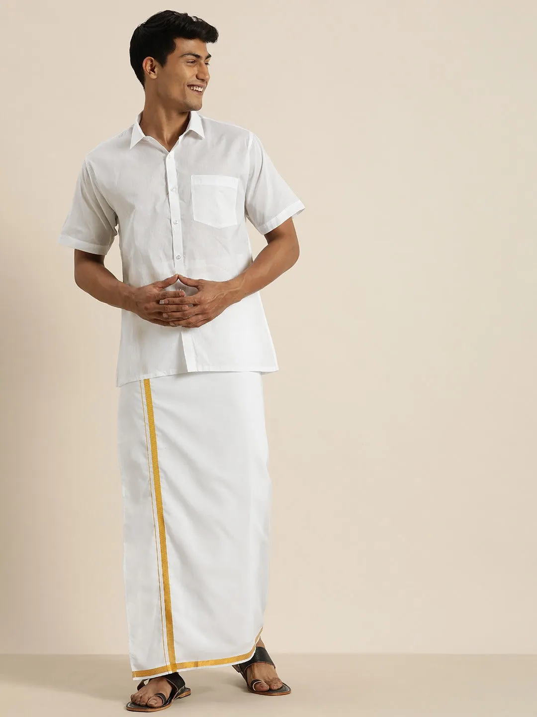 Men's White And White Pure Cotton Shirt And Mundu - Vastramay