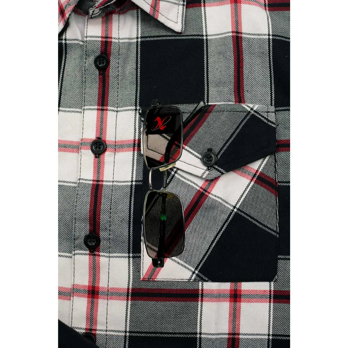 Milwaukee Leather MNG11625 Men's Flannel Plaid Black and White with Red Long Sleeve Cotton Button Down Shirt