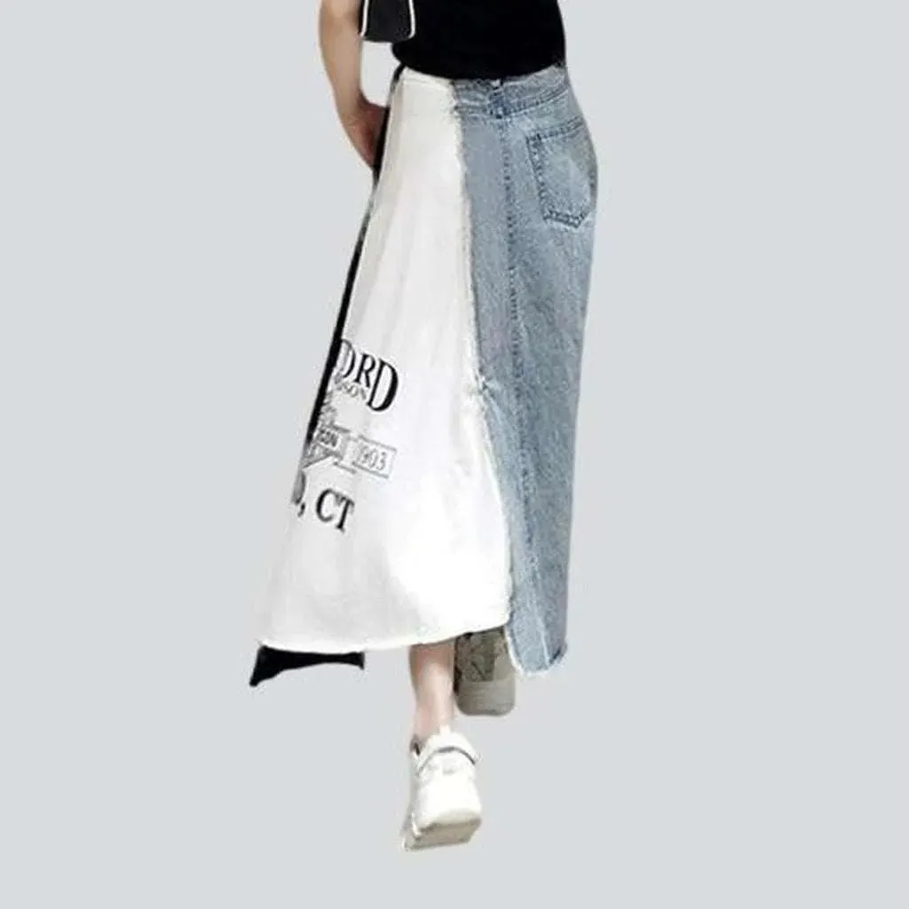 Mixed fabrics long denim skirt