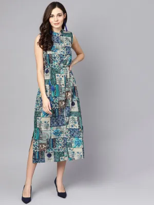 Multi Colored Ankle length dress with Madarin collar