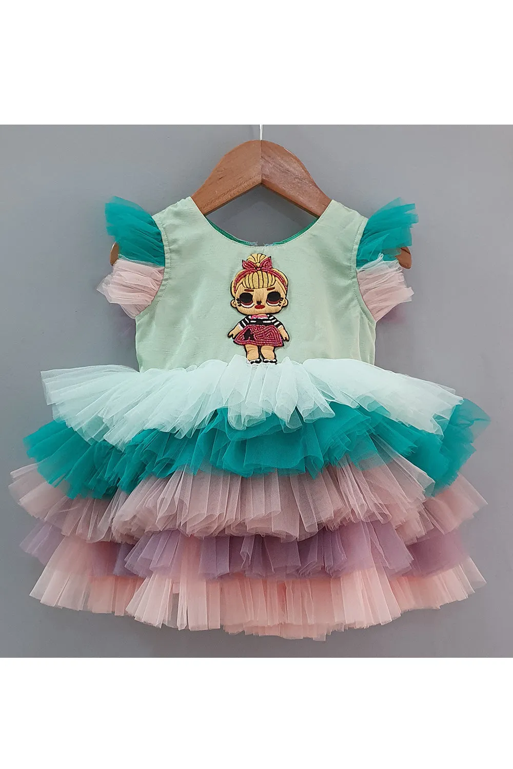 Multicolor Doll Embroidered Frill Net Dress