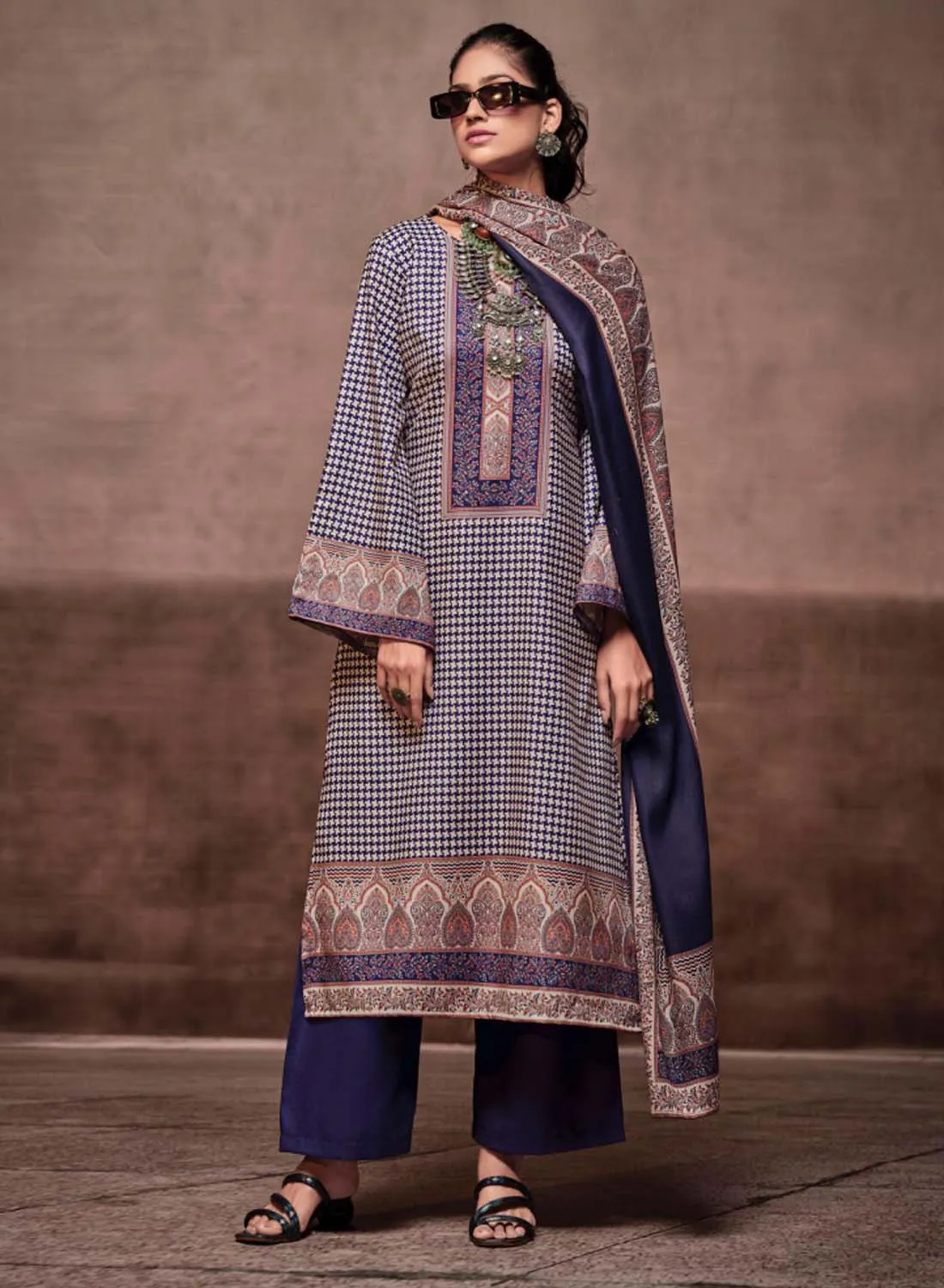 Mumtaz Arts Blue Unstitched Pashmina Winter Suit Dress Material for Women