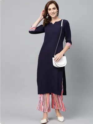 Navy Blue 3/4th sleeve Kurta Set with Printed Palazzo