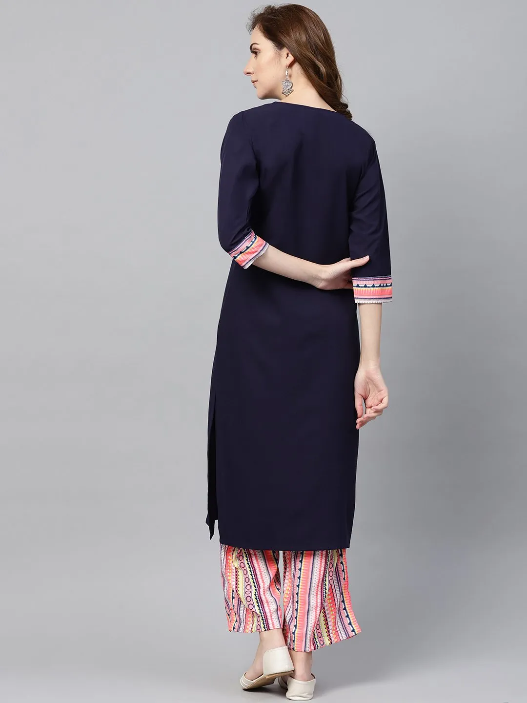 Navy Blue 3/4th sleeve Kurta Set with Printed Palazzo