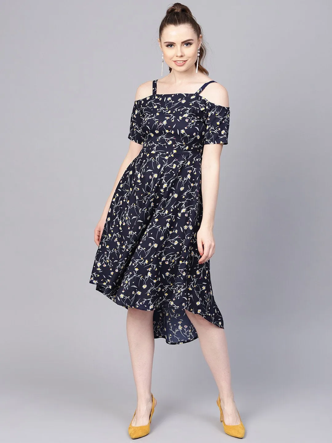 Navy Blue Floral Printed Dress with Shoulder Strap & detailed Sleeves