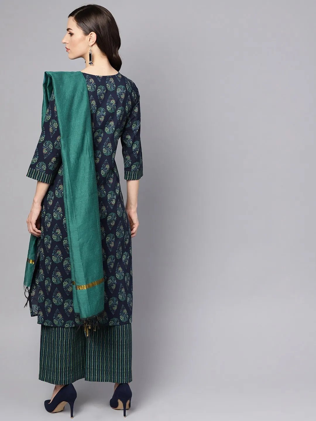 Navy blue printed 3/4th sleeve cotton kurta with striped palazzo and dupatta