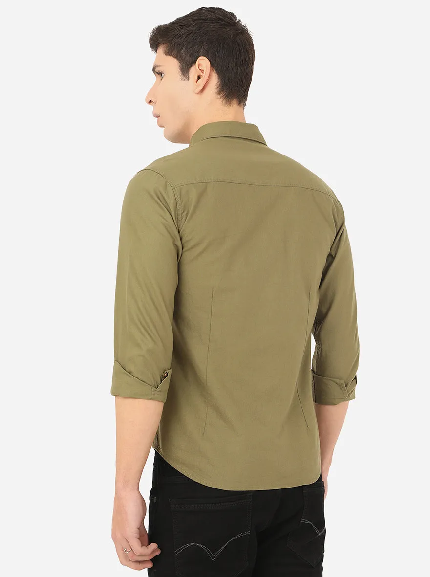 Olive Brown Solid Slim Fit Semi Casual Shirt | Greenfibre