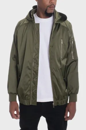 Olive Hooded Satin Bomber Jackets