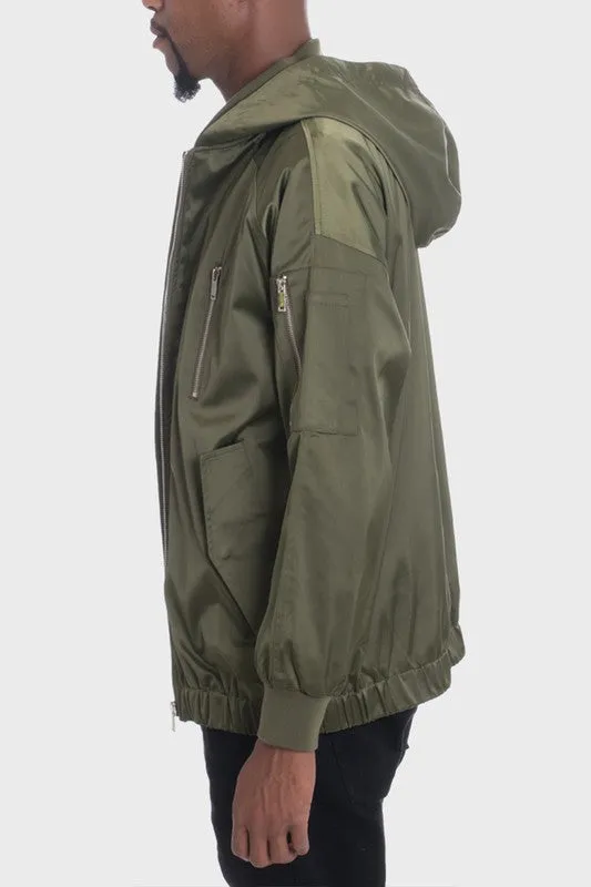 Olive Hooded Satin Bomber Jackets