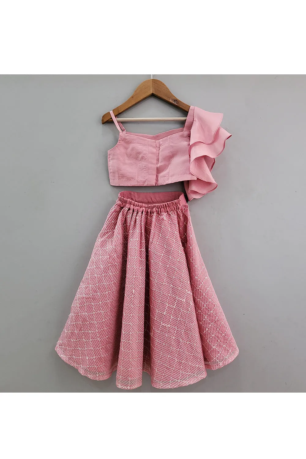 Onion Pink Ruffle Top With Embroidered Organza Skirt Set