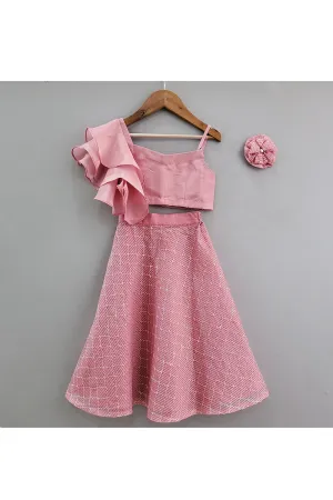 Onion Pink Ruffle Top With Embroidered Organza Skirt Set